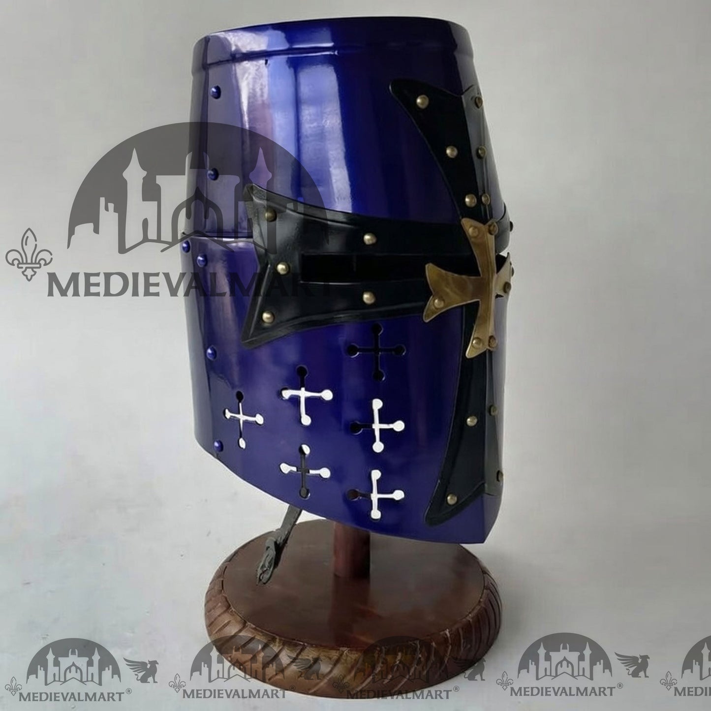 MEDIEVALMART Special Templar Crusader Knight Blue Finish Helmet W/H Free Stand