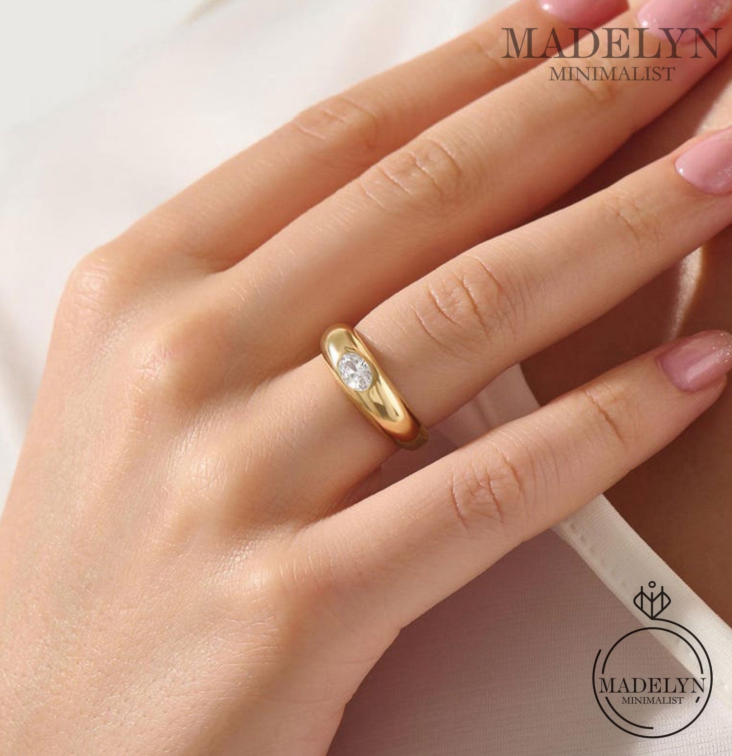 MADELYN MINIMALIST 14k Solid Gold Bezel Diamond Dome Engagement Ring Chunky Thick Band | Gift for Mom