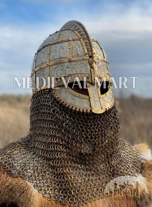 MEDIEVALMART Casque Broa médiéval viking de la période de Vendel avec décorations en laiton et cotte de mailles en titane