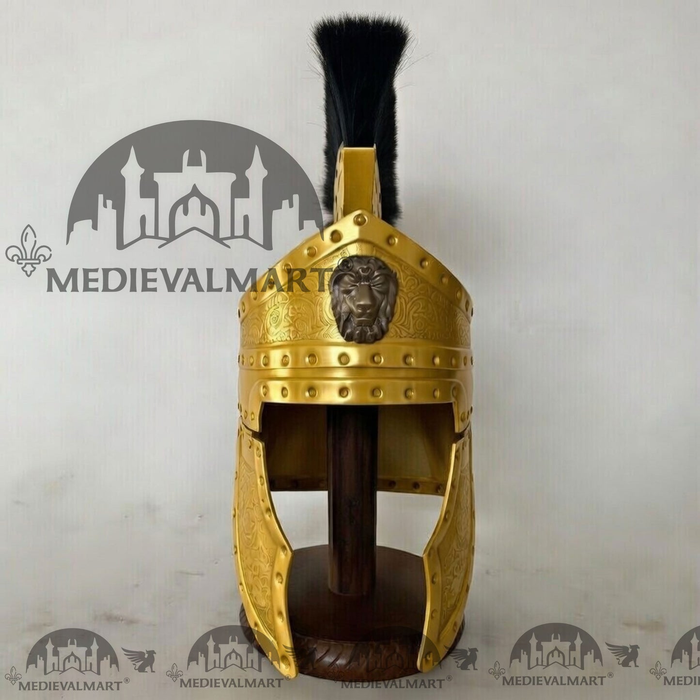 MEDIEVALMART Medieval Roman Centurion Yellow Finish Helmet with Black Plume or Free Wooden Stand