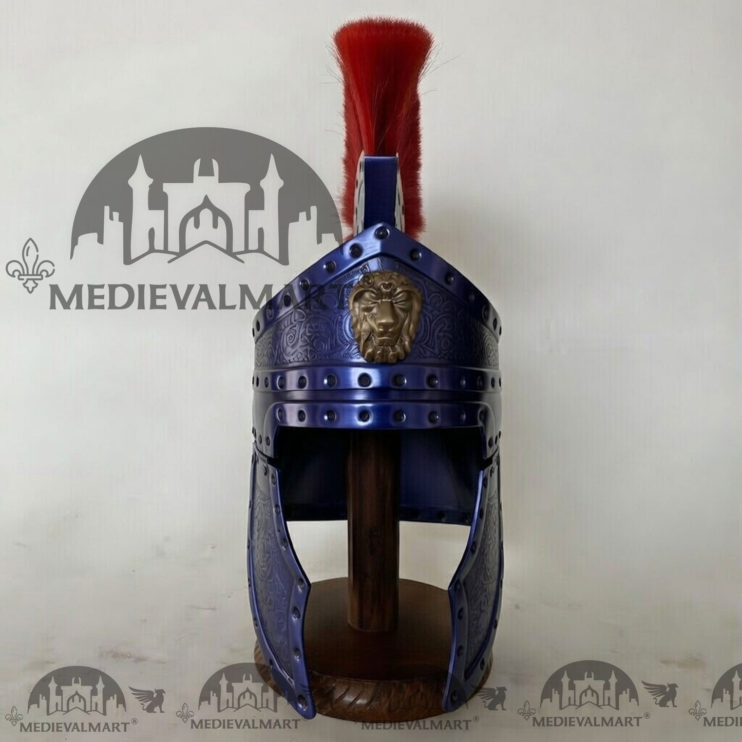 MEDIEVALMART Medieval Roman Centurion Blue Finish Helmet with Red Plume or Free Wooden Stand