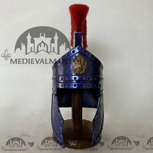 MEDIEVALMART Casque de centurion romain médiéval finition bleue avec panache rouge ou support en bois gratuit