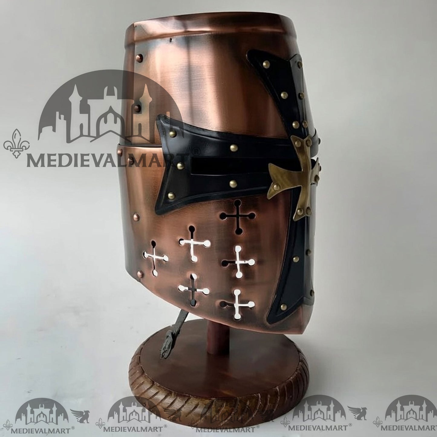 MEDIEVALMART Special Templar Crusader Knight Antique Copper Finish Helmet W/H Free Stand
