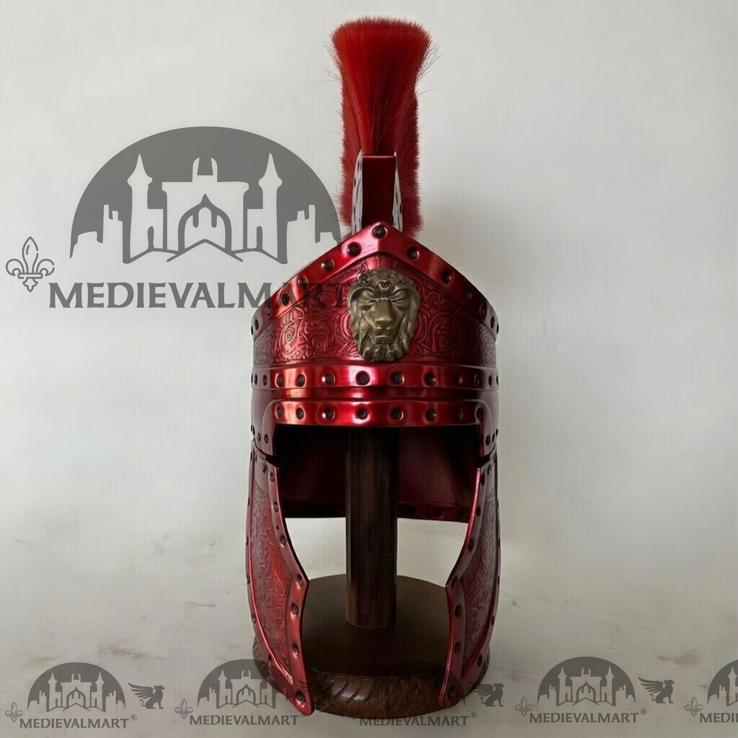 MEDIEVALMART Medieval Roman Centurion Red Finish Helmet with Red Plume or Free Wooden Stand
