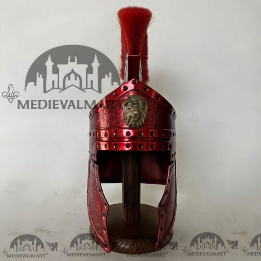 MEDIEVALMART Casque de centurion romain médiéval finition rouge avec panache rouge ou support en bois offert