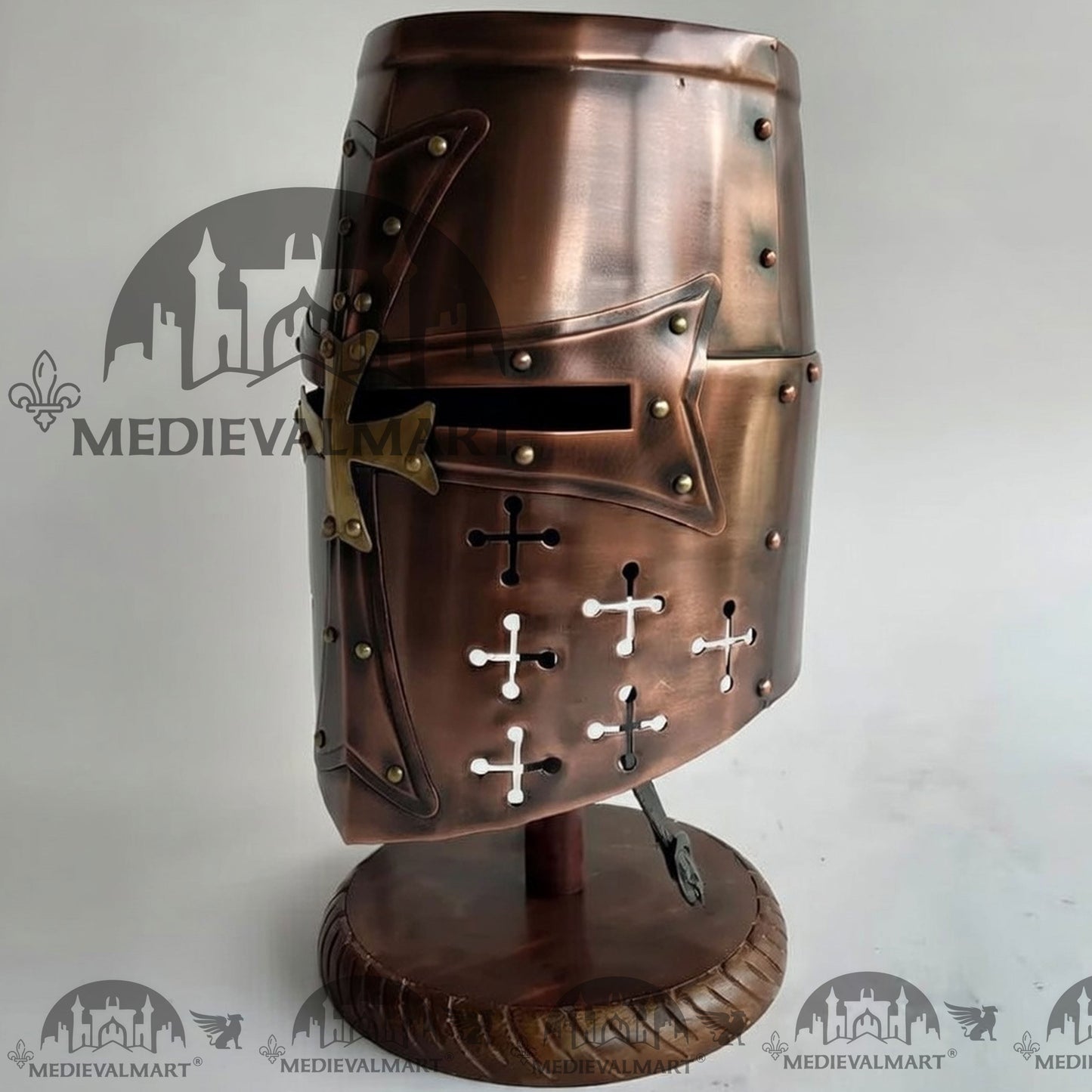 MEDIEVALMART Special Templar Crusader Knight Full Antique Copper Finish Helmet W/H Free Stand