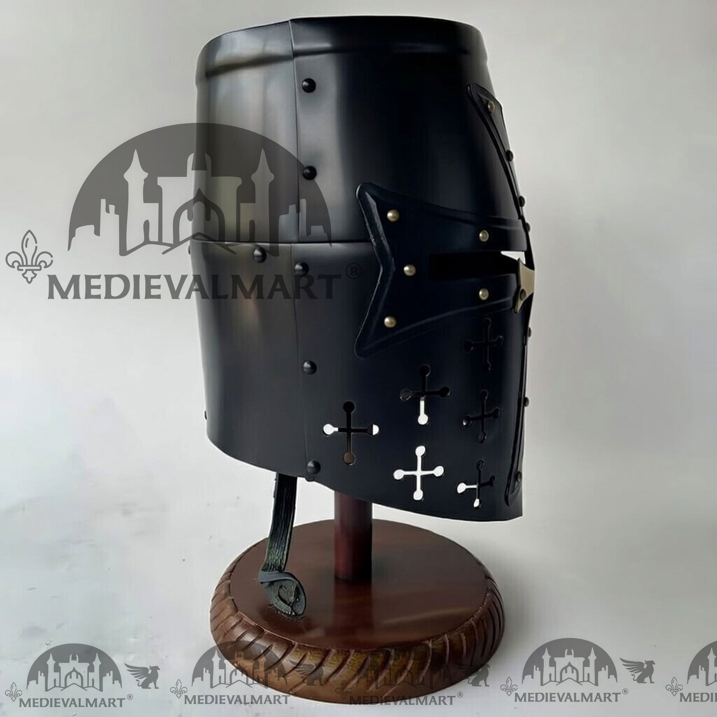 MEDIEVALMART Special Templar Crusader Knight Black Finish Helmet W/H Free Stand