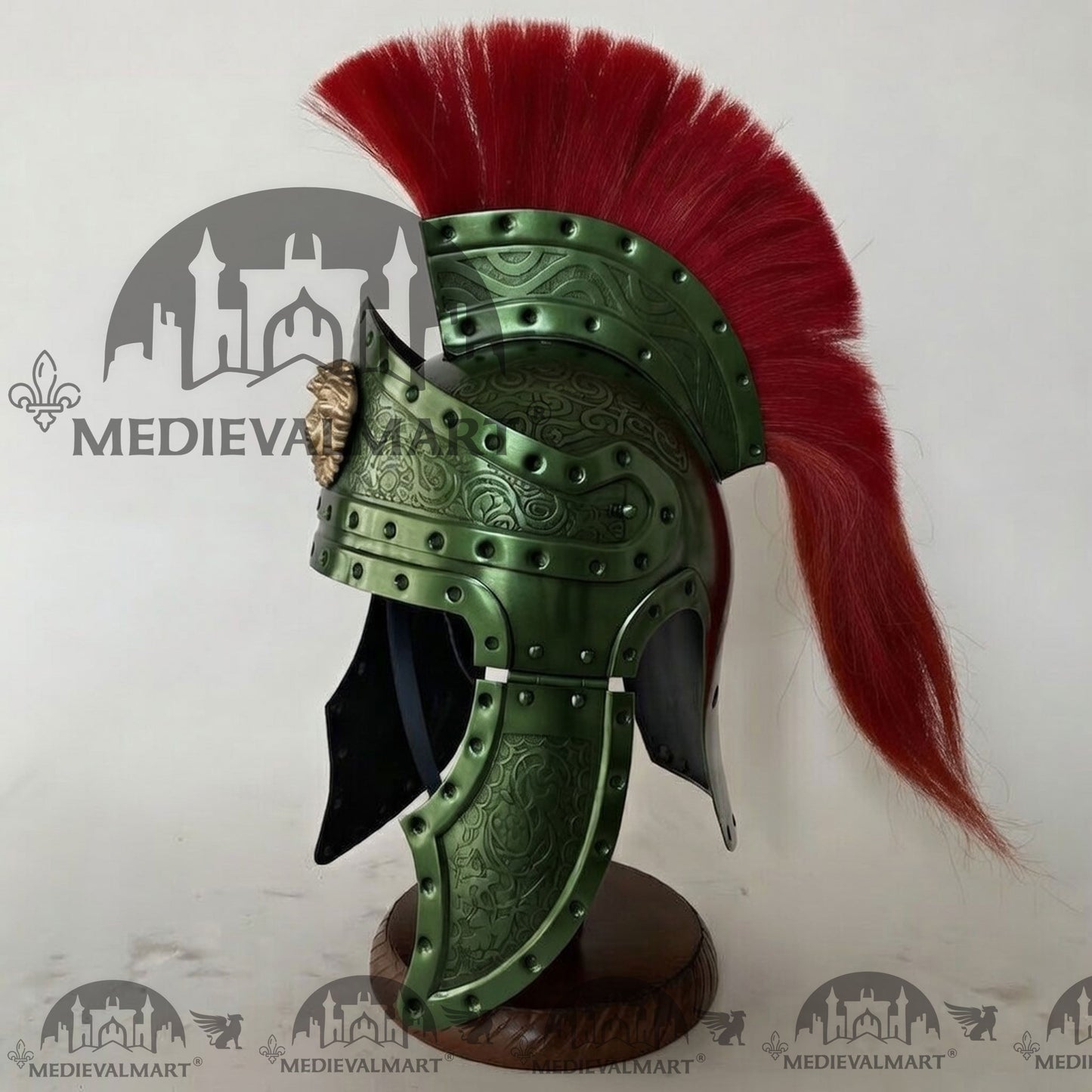 MEDIEVALMART Medieval Roman Centurion Jade Green Finish Helmet with Red Plume or Free Wooden Stand