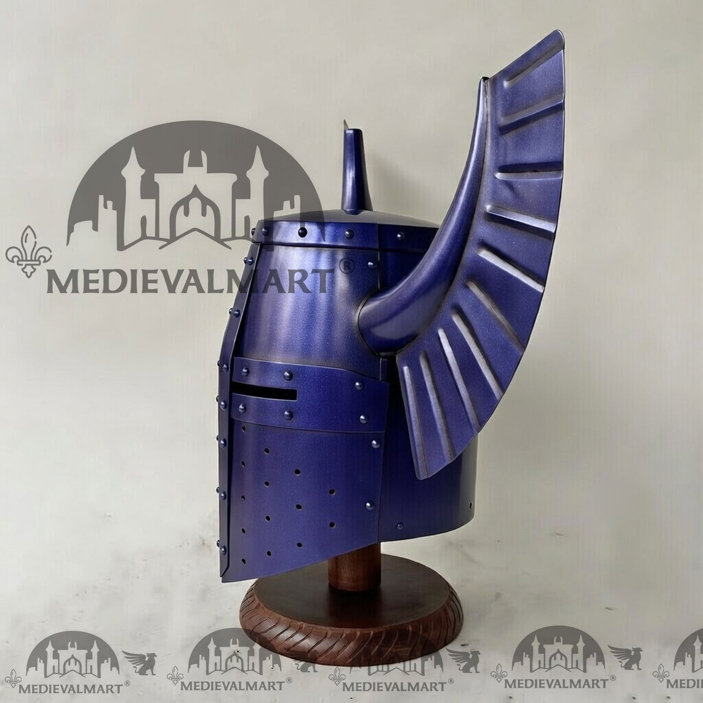 MEDIEVALMART Medieval Templar Warrior Teutonic Blue Finish Wing Helmet with Free Stand