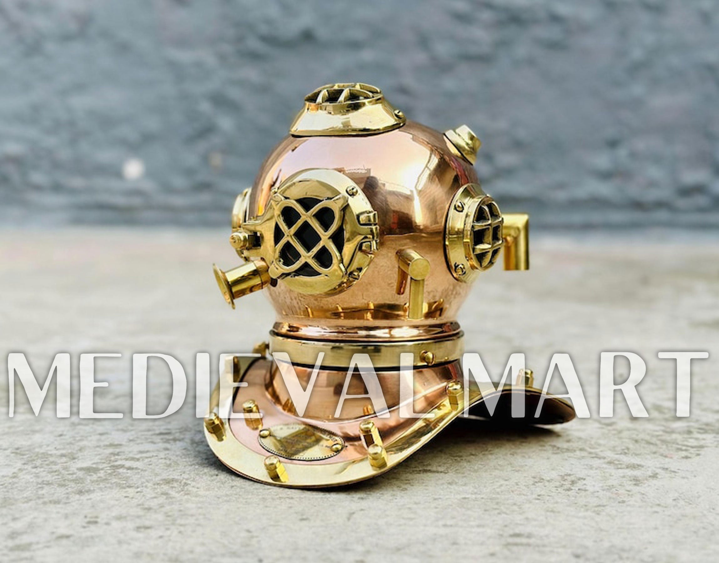 MEDIEVALMART 6"INCH Pure Cooper Brass Diving Helmet With Wooden Base