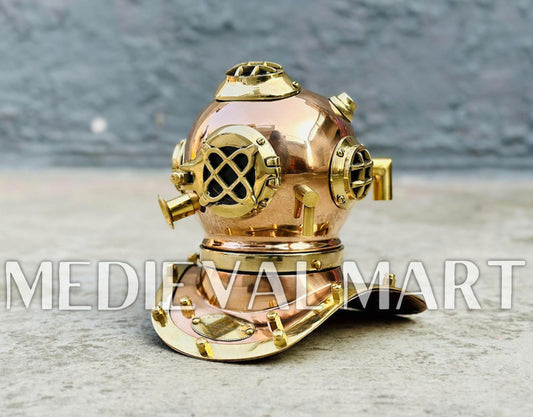 MEDIEVALMART 6"INCH Pure Cooper Brass Diving Helmet With Wooden Base