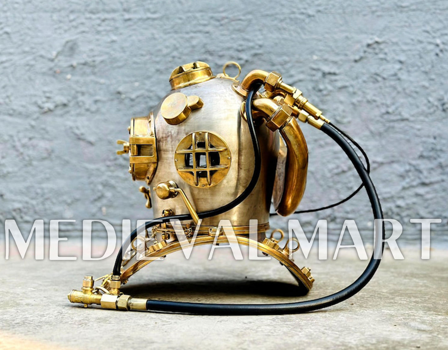 MEDIEVALMART  1945 US Navy Helium Copper brass Diving Helmet With Wooden Base