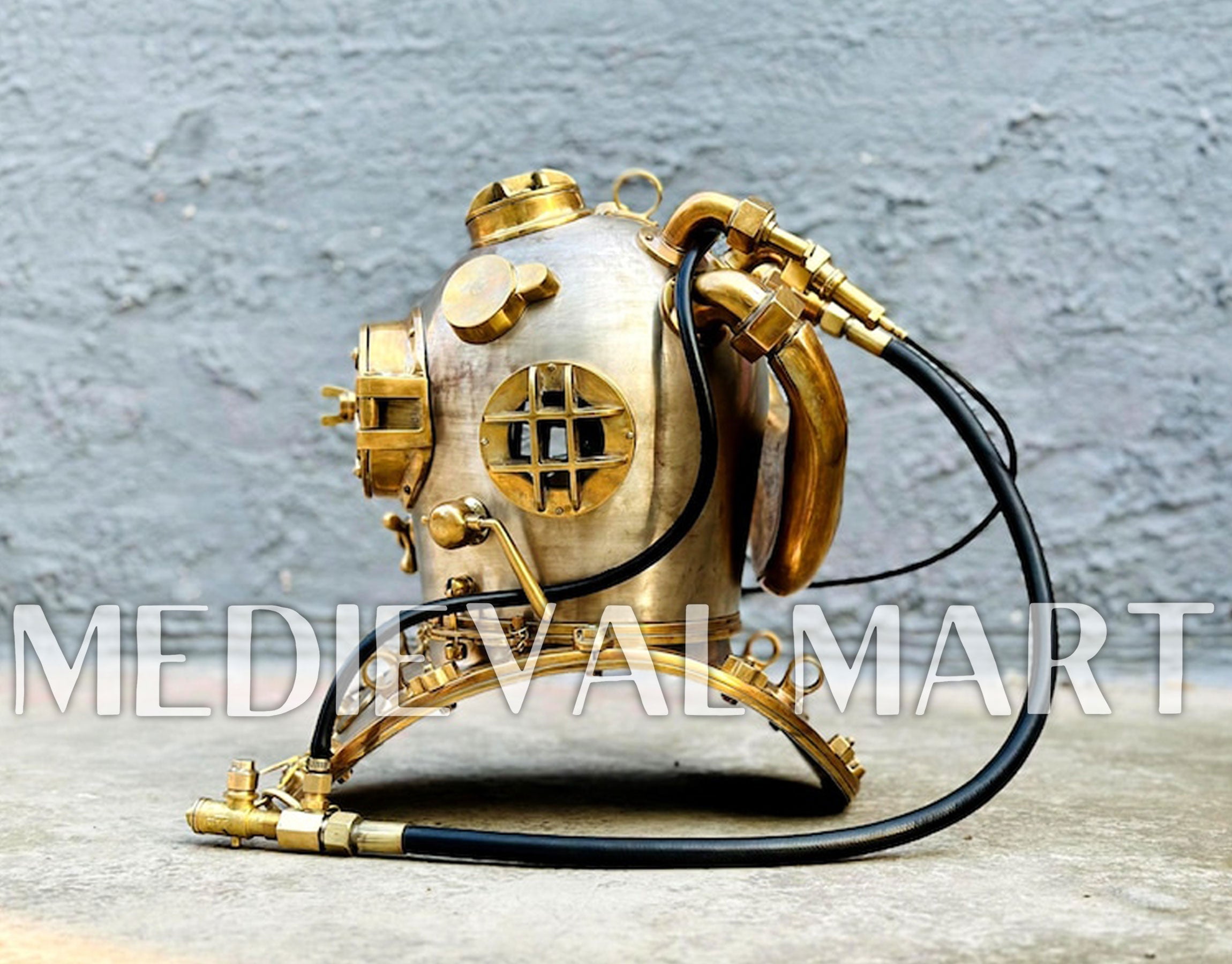MEDIEVALMART  1945 US Navy Helium Copper brass Diving Helmet With Wooden Base