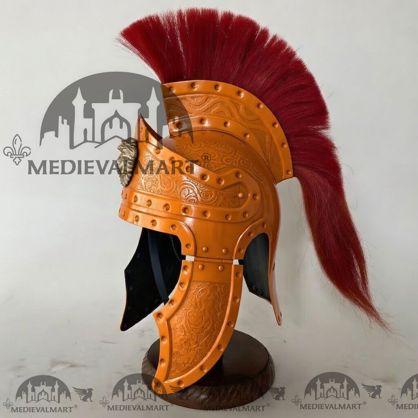 MEDIEVALMART Medieval Roman Centurion Orange Finish Helmet with Red Plume or Free Wooden Stand