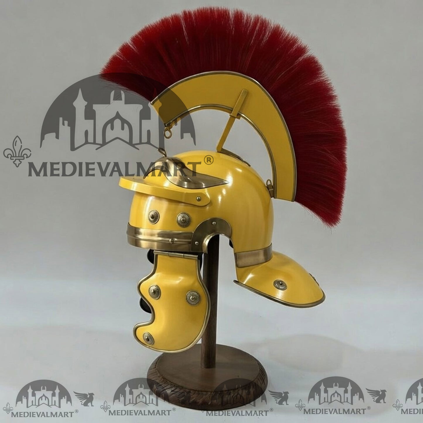 MEDIEVALMART Gallic Roman Centurion Yellow Finish Helmet Replica Red Plume with Free Stand
