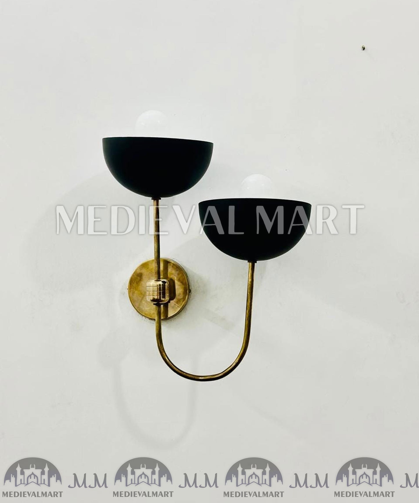 MEDIEVALMART Handmade Brass Mid Century Wall Sconce - Matte Black Bowl Sconce