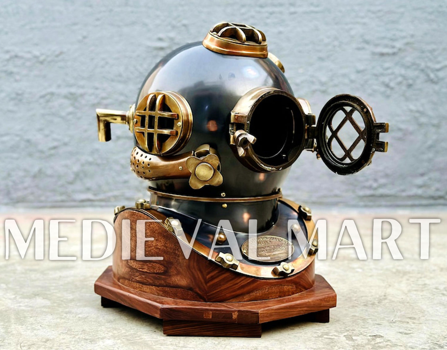 MEDIEVALMART Antique Black Finish Diving Helmet With Wooden Base