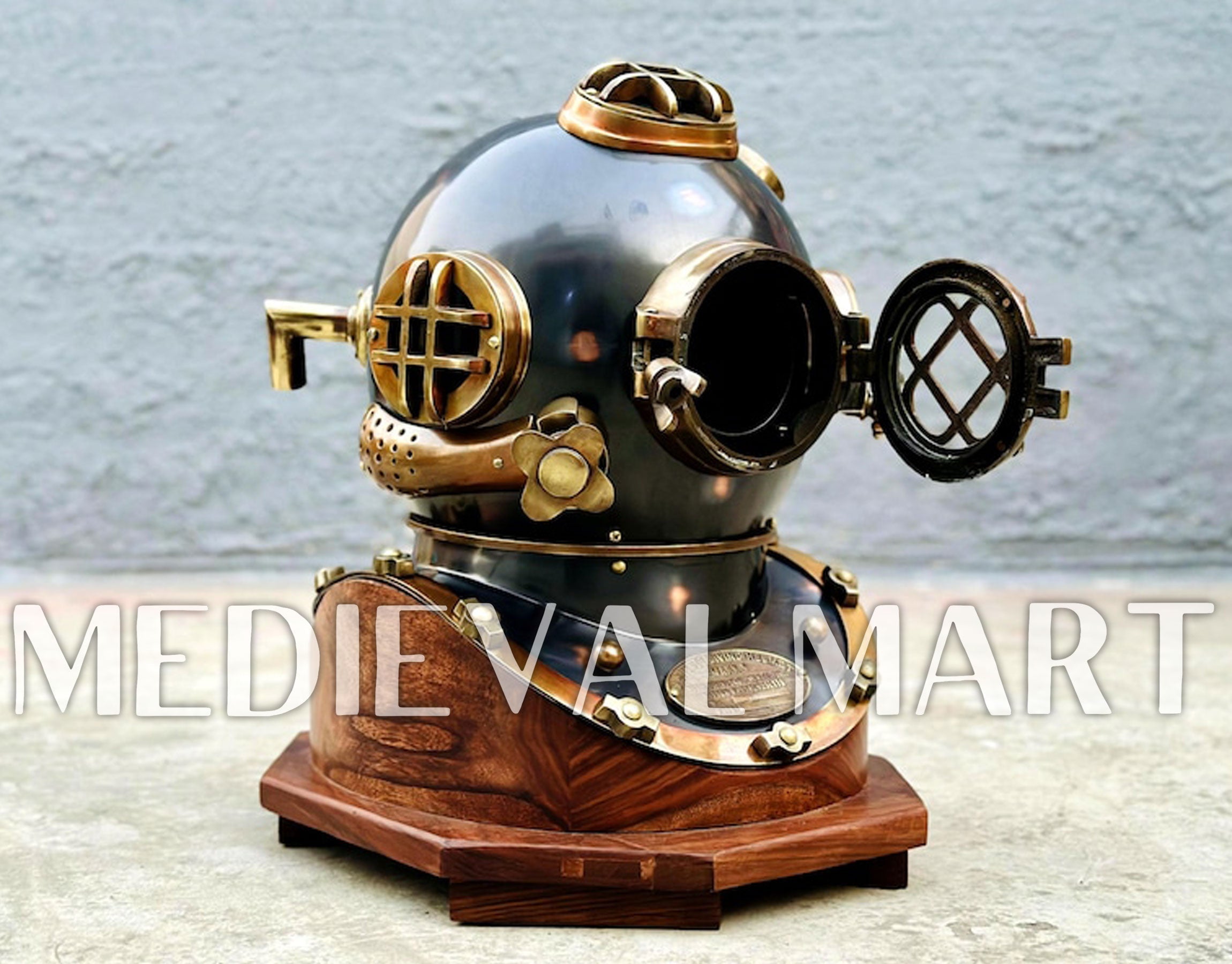 MEDIEVALMART Antique Black Finish Diving Helmet With Wooden Base
