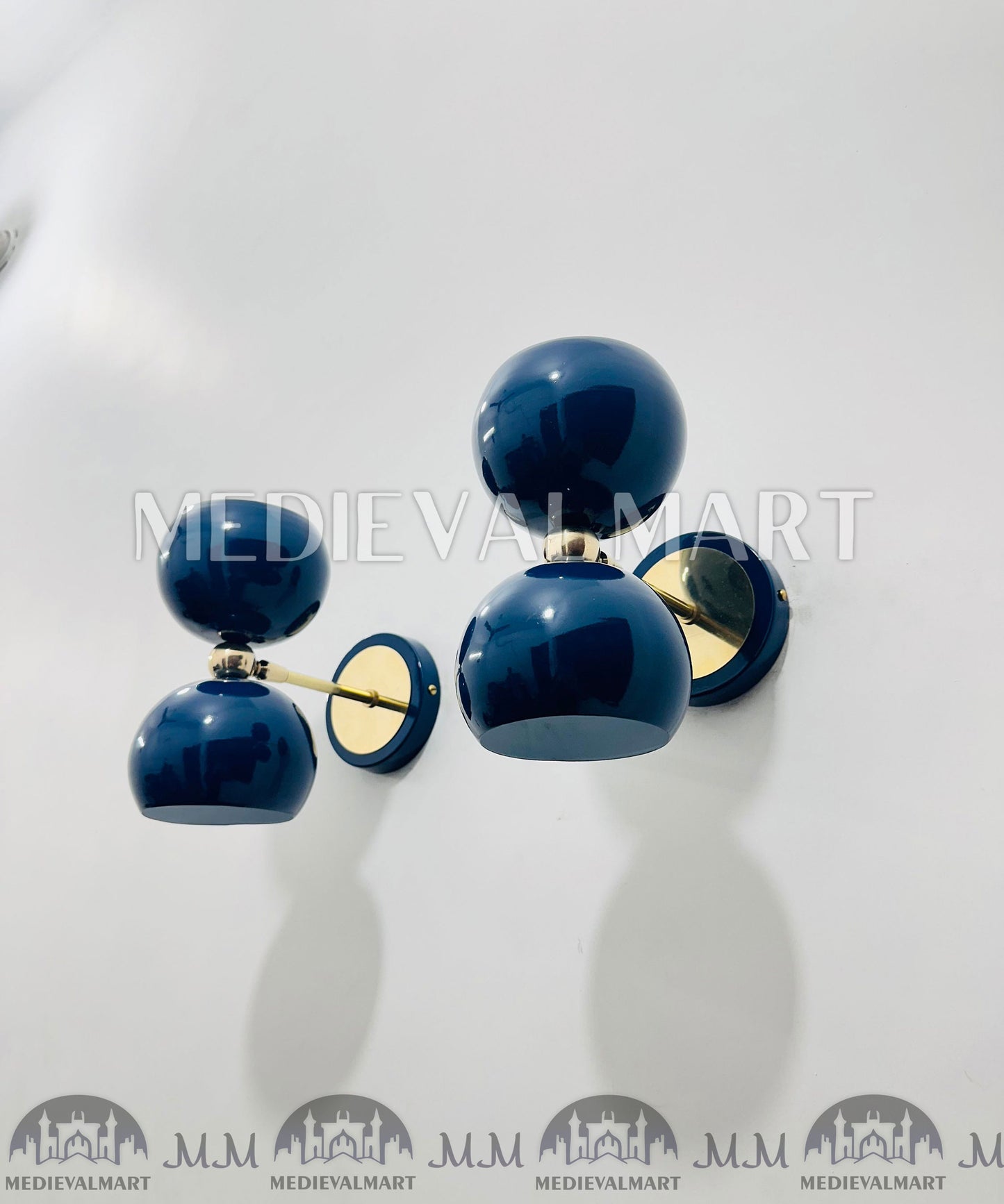 MEDIEVALMART Mid-Century Italian Brass Diabolo Wall Sconce Pair - Blue Lamp (Set of 2)