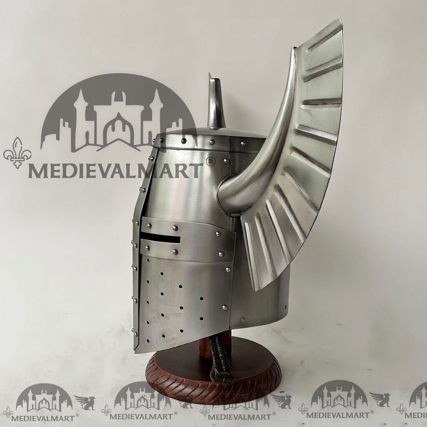 MEDIEVALMART Medieval Templar Warrior Teutonic Wing Helmet Silver Finish with Free Stand