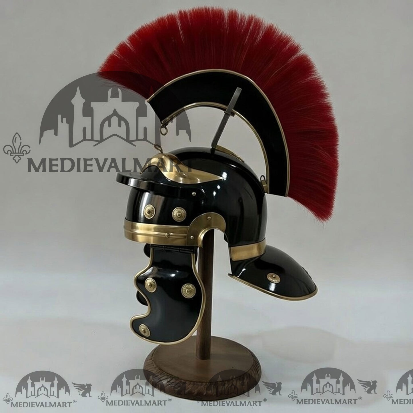 MEDIEVALMART Gallic Roman Centurion Black Finish Helmet Replica Red Plume with Free Stand