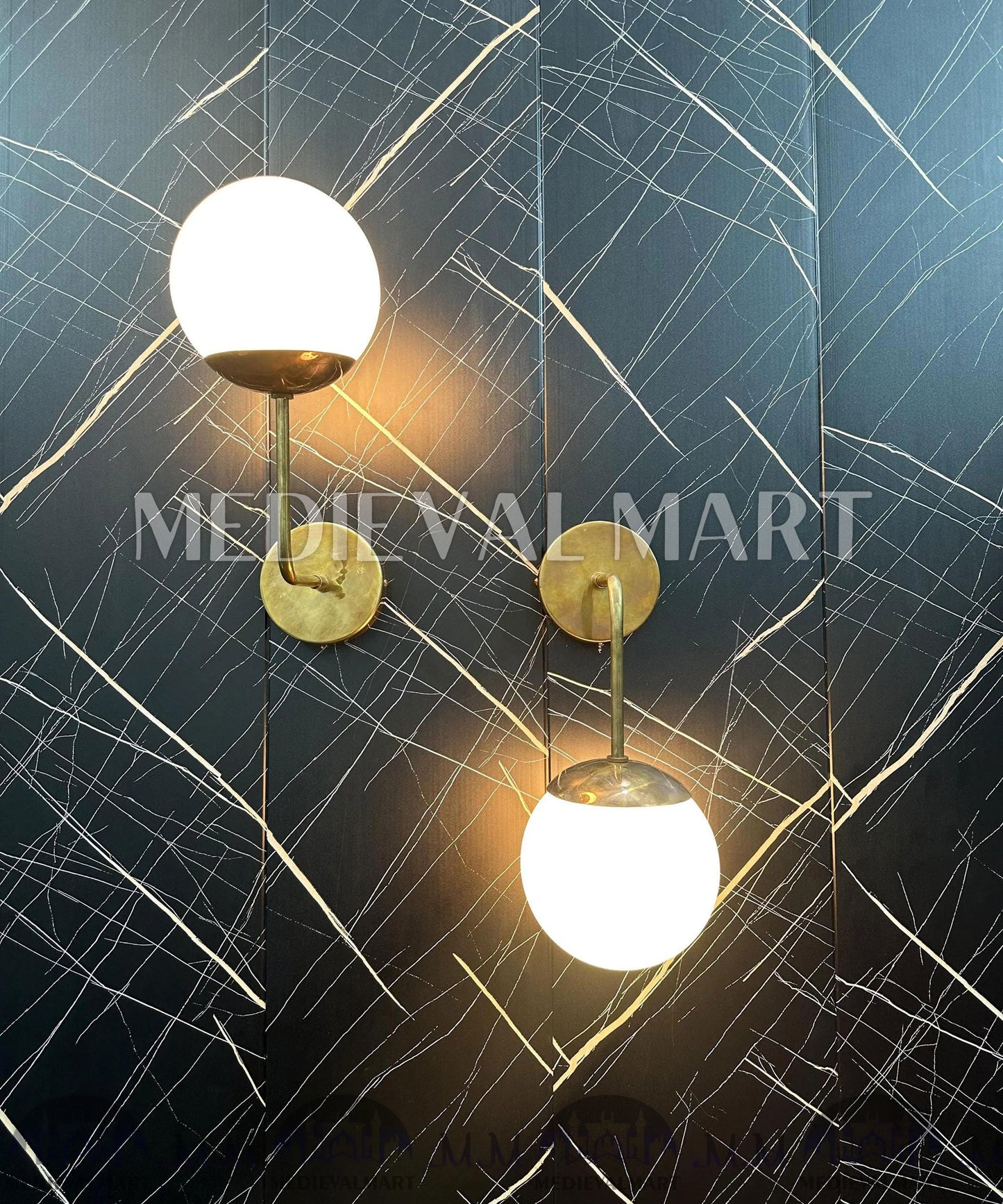 MEDIEVALMART Modern Brass Wall Sconce: Nordic Milky Globe Bathroom Light