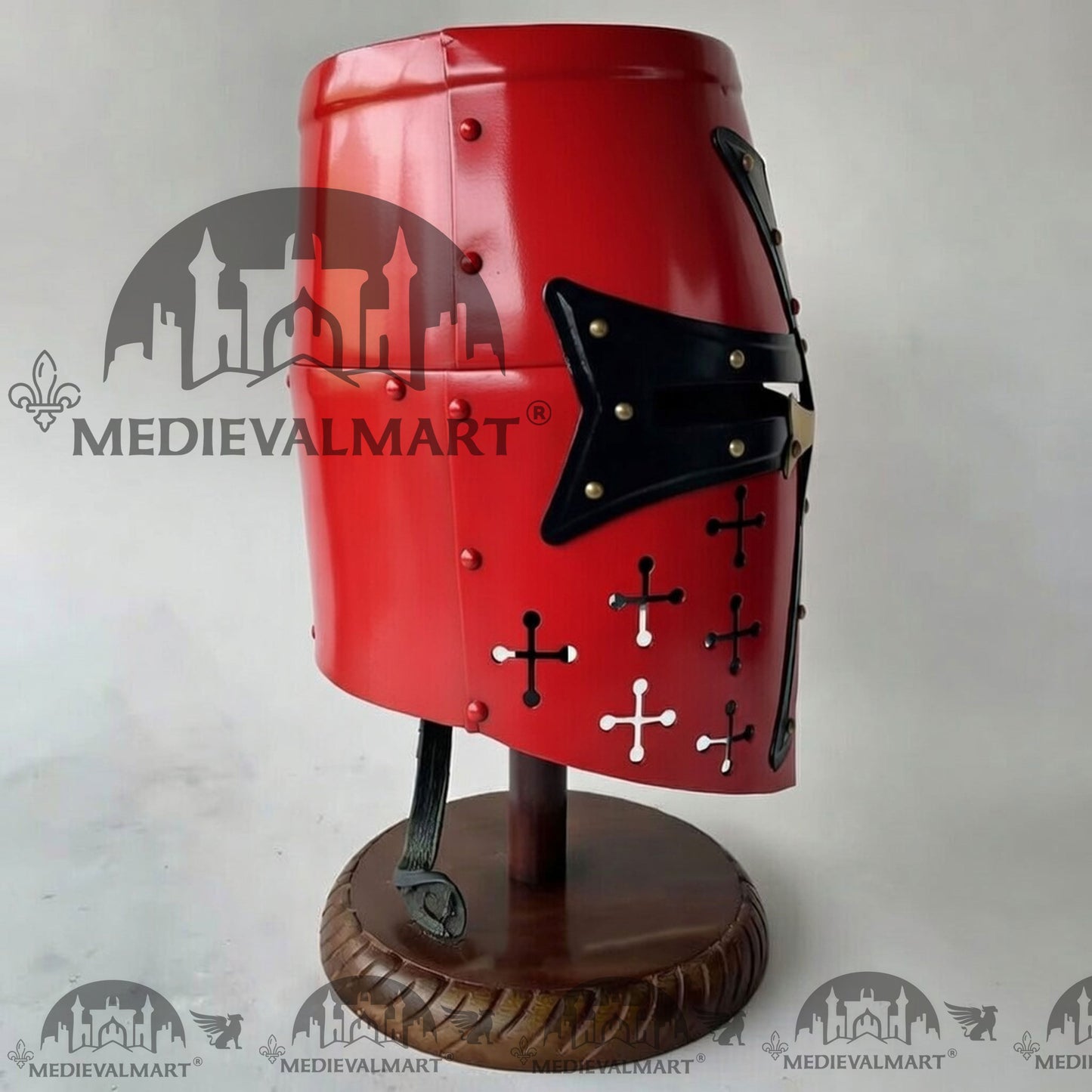 MEDIEVALMART Special Templar Crusader Knight Red Finish Helmet W/H Free Stand
