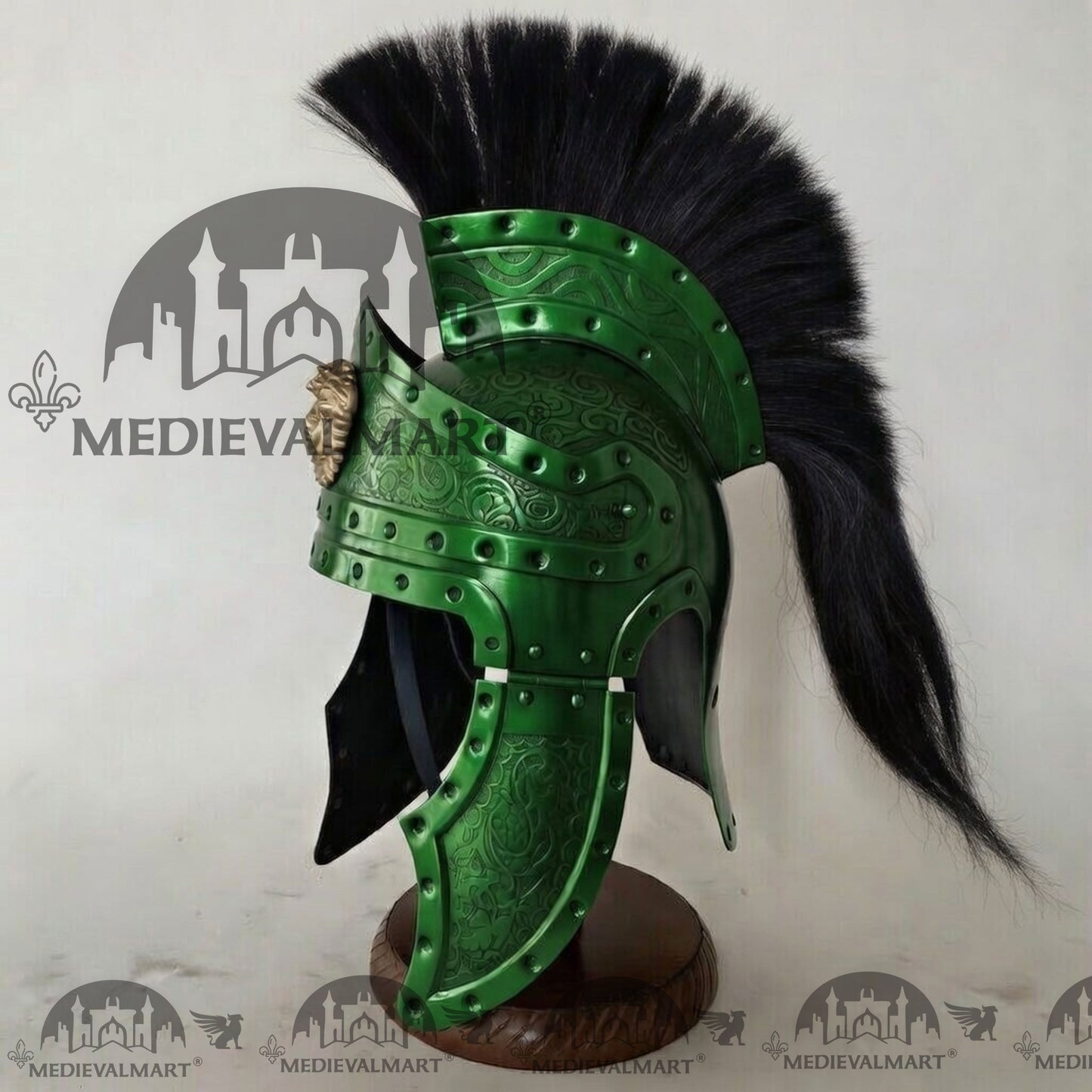MEDIEVALMART Medieval Roman Centurion Green Finish Helmet with Black Plume or Free Wooden Stand