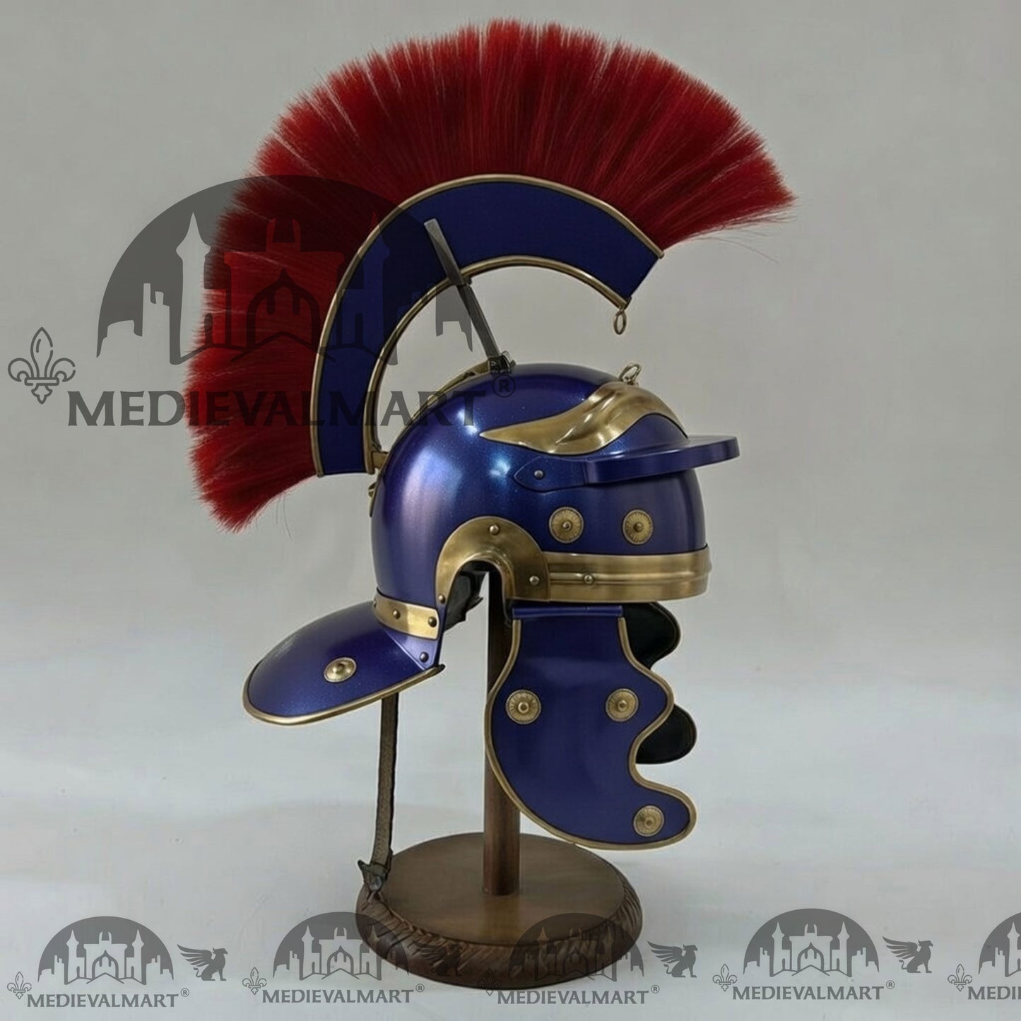 MEDIEVALMART Gallic Roman Centurion Blue Finish Helmet Replica Red Plume with Free Stand