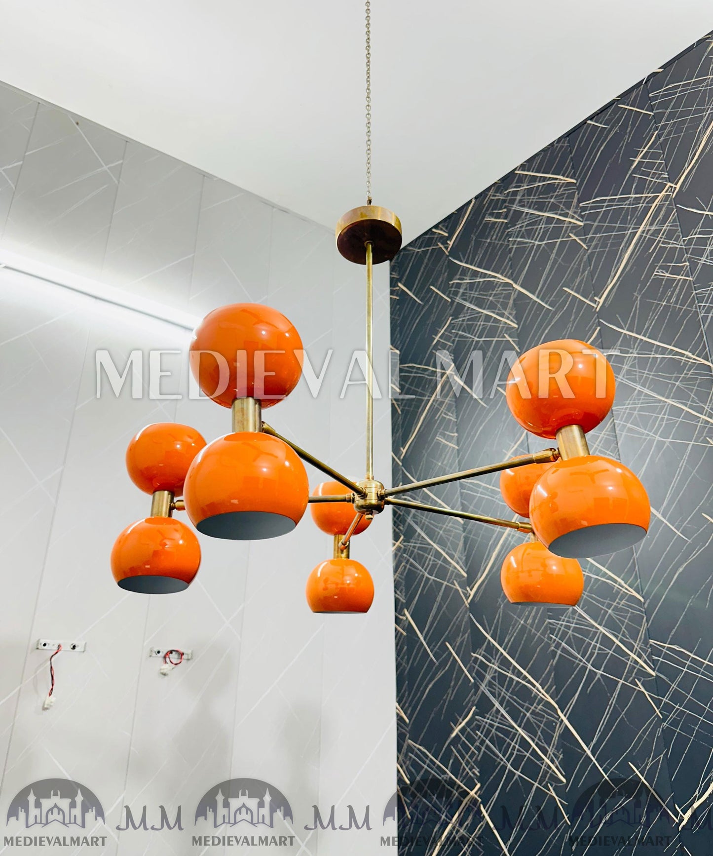 MEDIEVALMART Mid Century Sputnik Chandelier: Brass & Orange Ball Ceiling Light