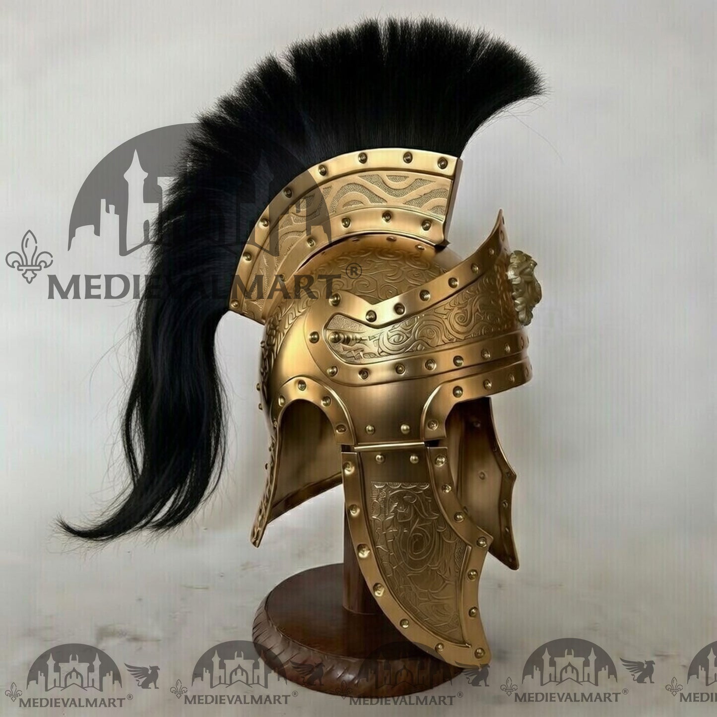 MEDIEVALMART Medieval Roman Centurion Gold Finish Helmet with Black Plume or Free Wooden Stand