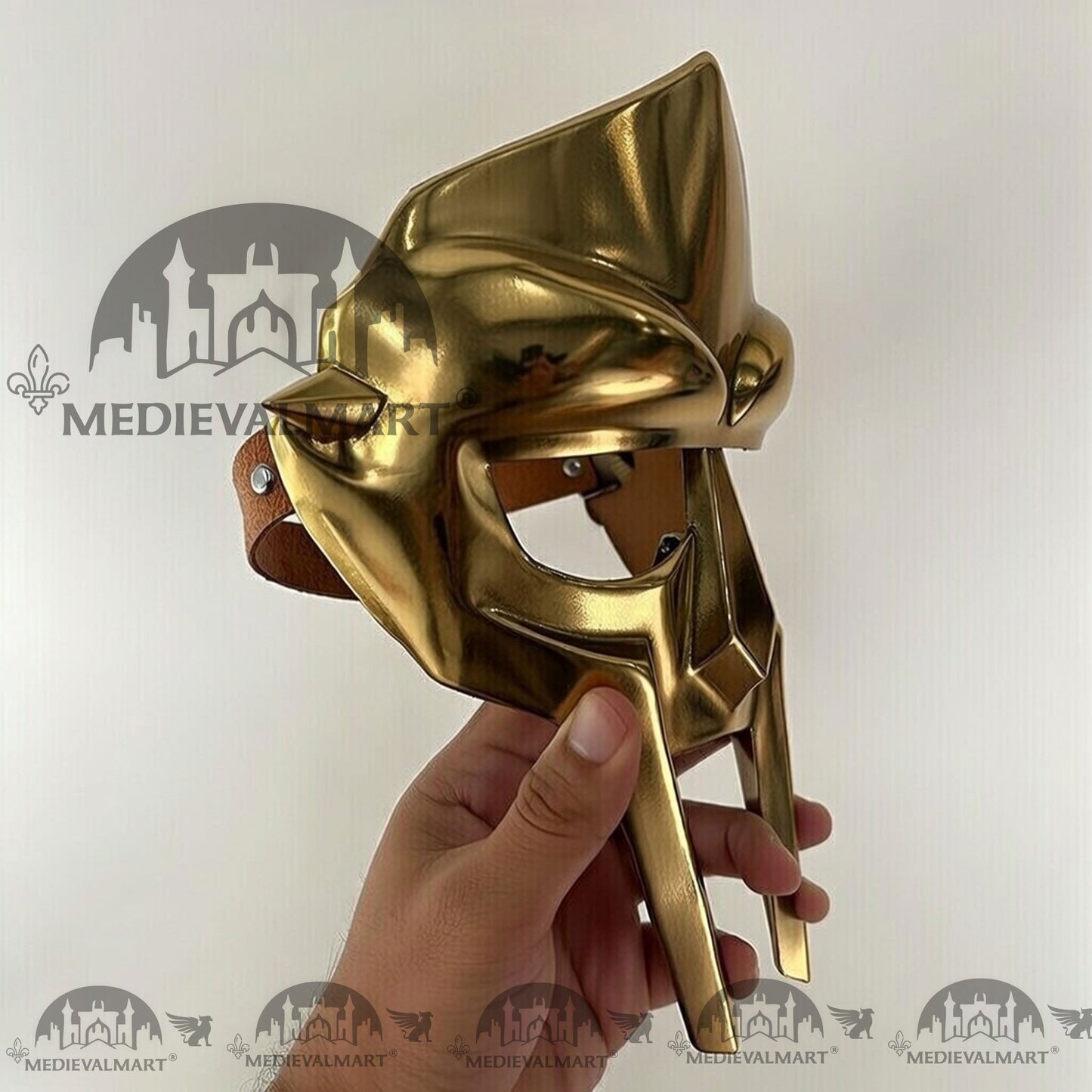 MEDIEVALMART MF DOOM Mask Mad-villain Gold Finish Steel Face Armor