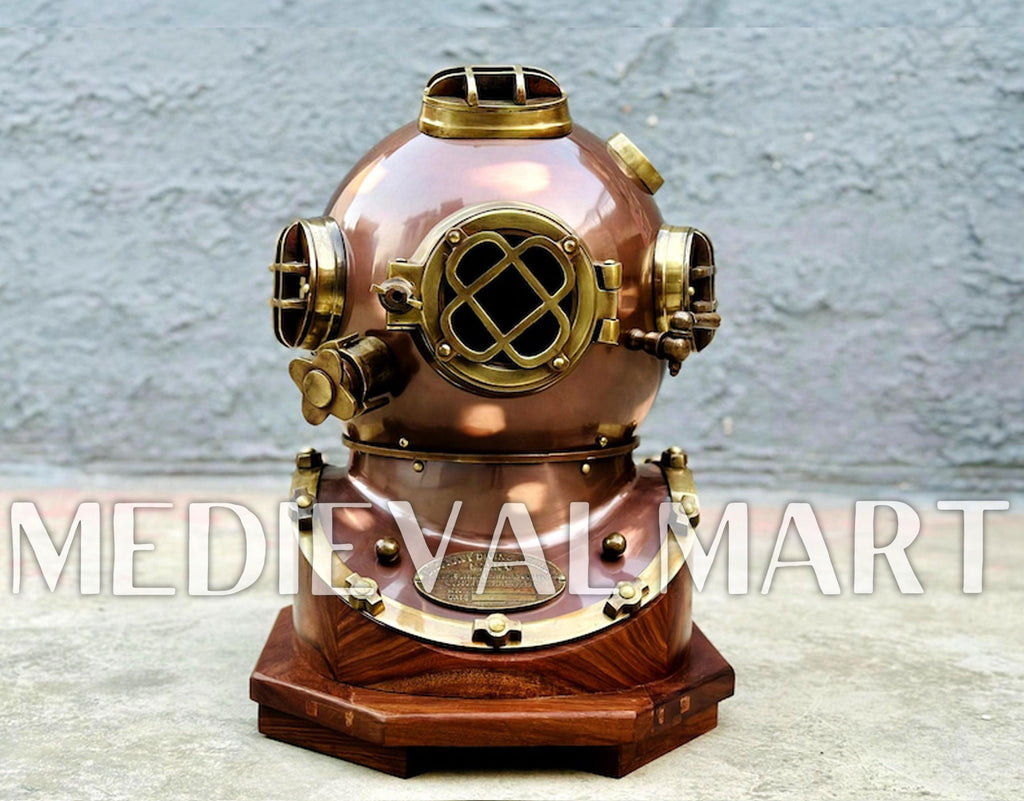 MEDIEVALMART Nautical Brown Finish Diving Helmet With Wooden Base