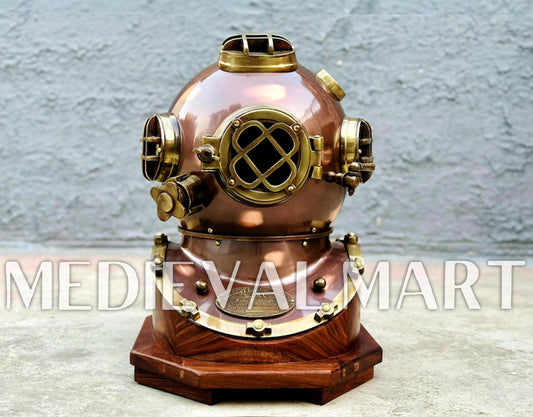 MEDIEVALMART Nautical Brown Finish Diving Helmet With Wooden Base
