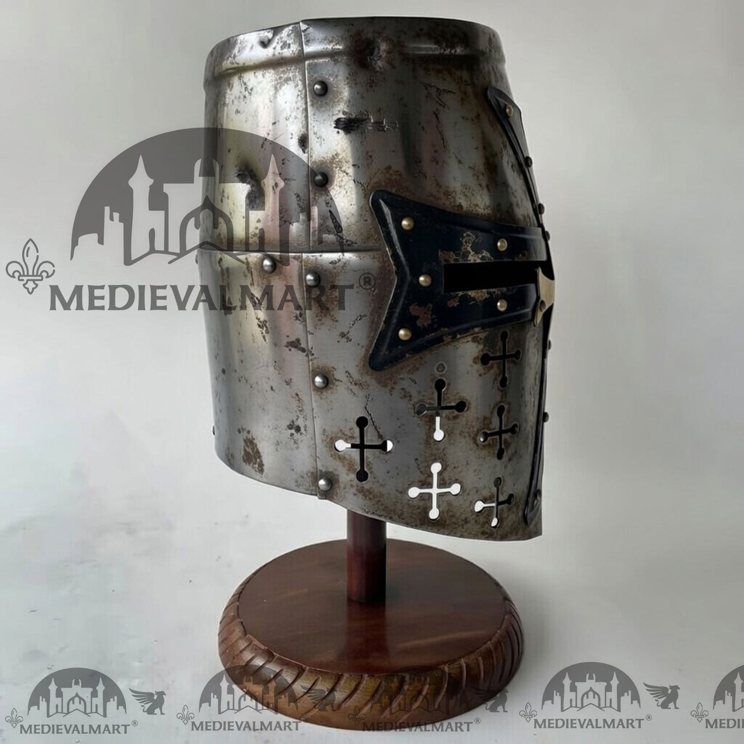 MEDIEVALMART Special Templar Crusader Knight Battle Damage Silver Finish Helmet W/H Free Stand