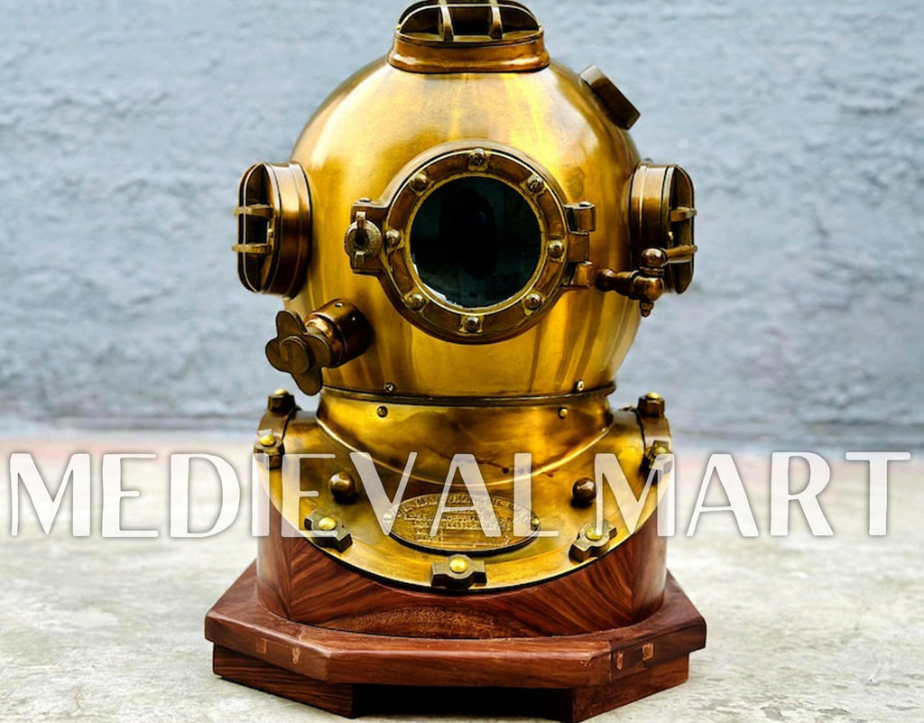 MEDIEVALMART Antique Gold Finish Diving Helmet With Wooden Base