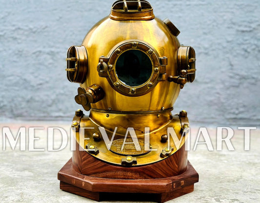 MEDIEVALMART Antique Gold Finish Diving Helmet With Wooden Base
