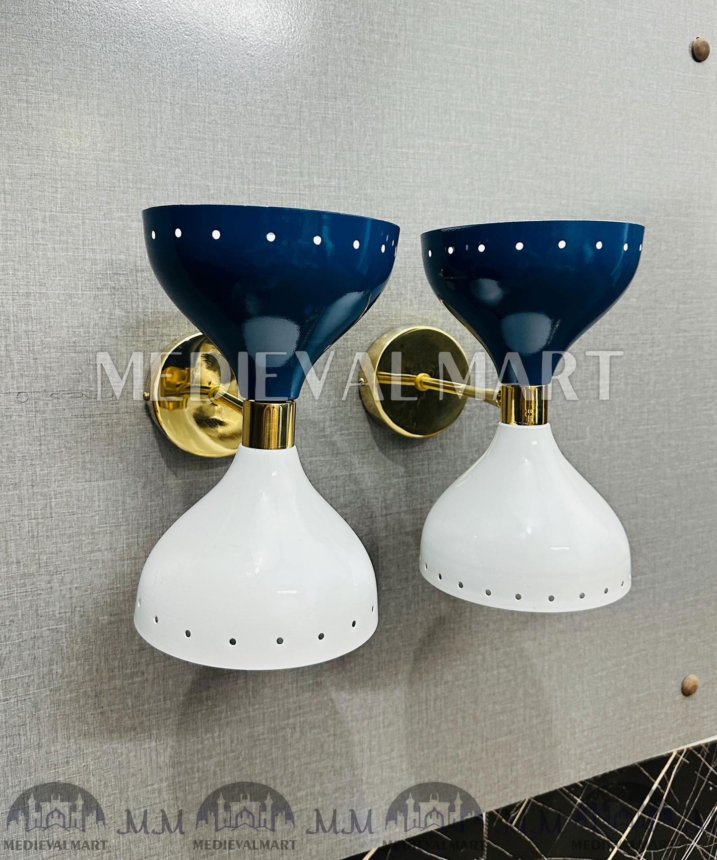 MEDIEVALMART Mid-Century Modern Diabolo Wall Sconces: Blue & White Brass Accent Lights (Pair)