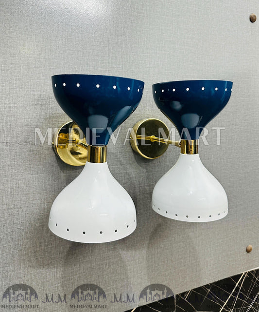 MEDIEVALMART Mid-Century Modern Diabolo Wall Sconces: Blue & White Brass Accent Lights (Pair)