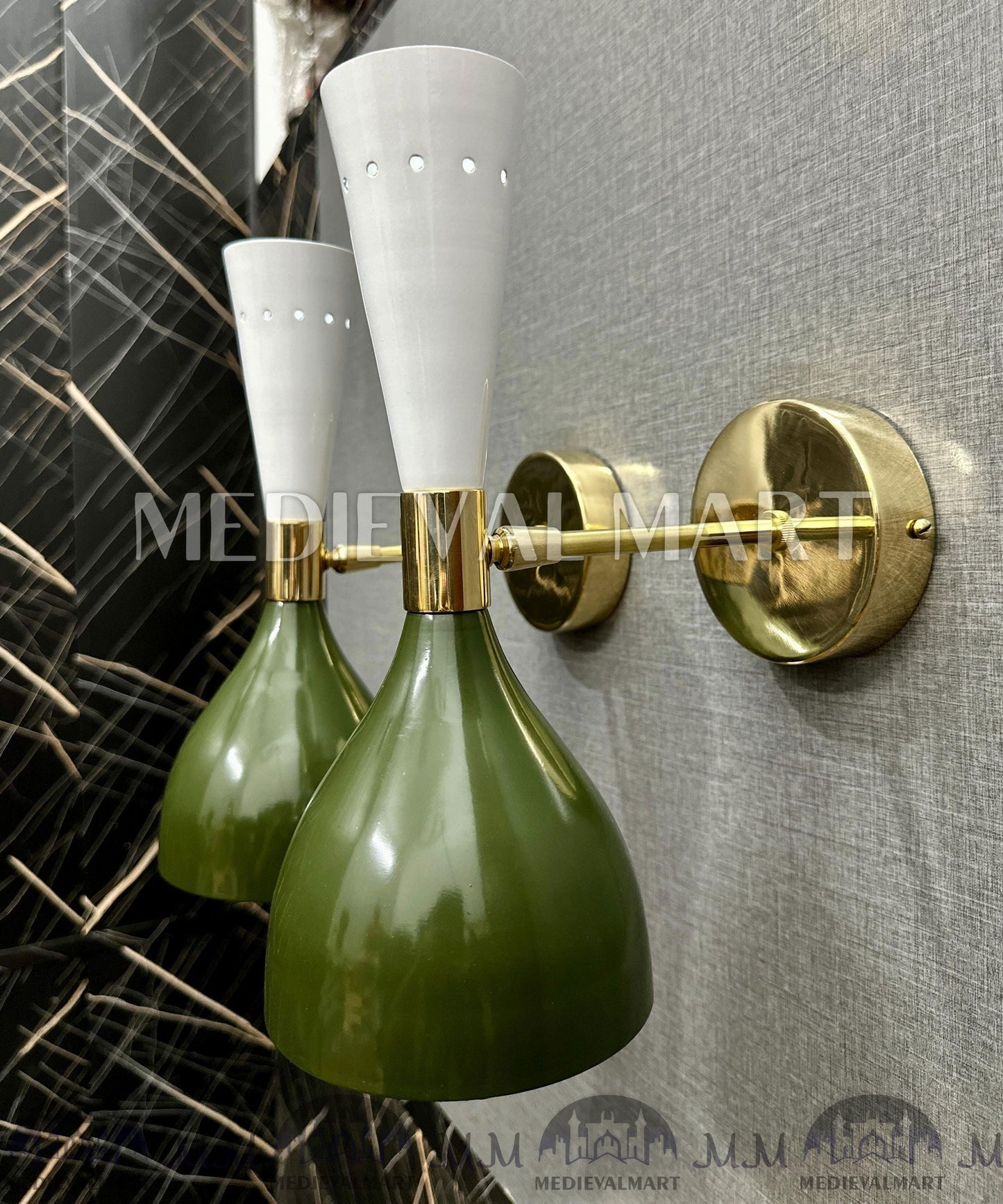MEDIEVALMART Handmade Brass Double Cone Sconces Olive Green & White Vanity Lights