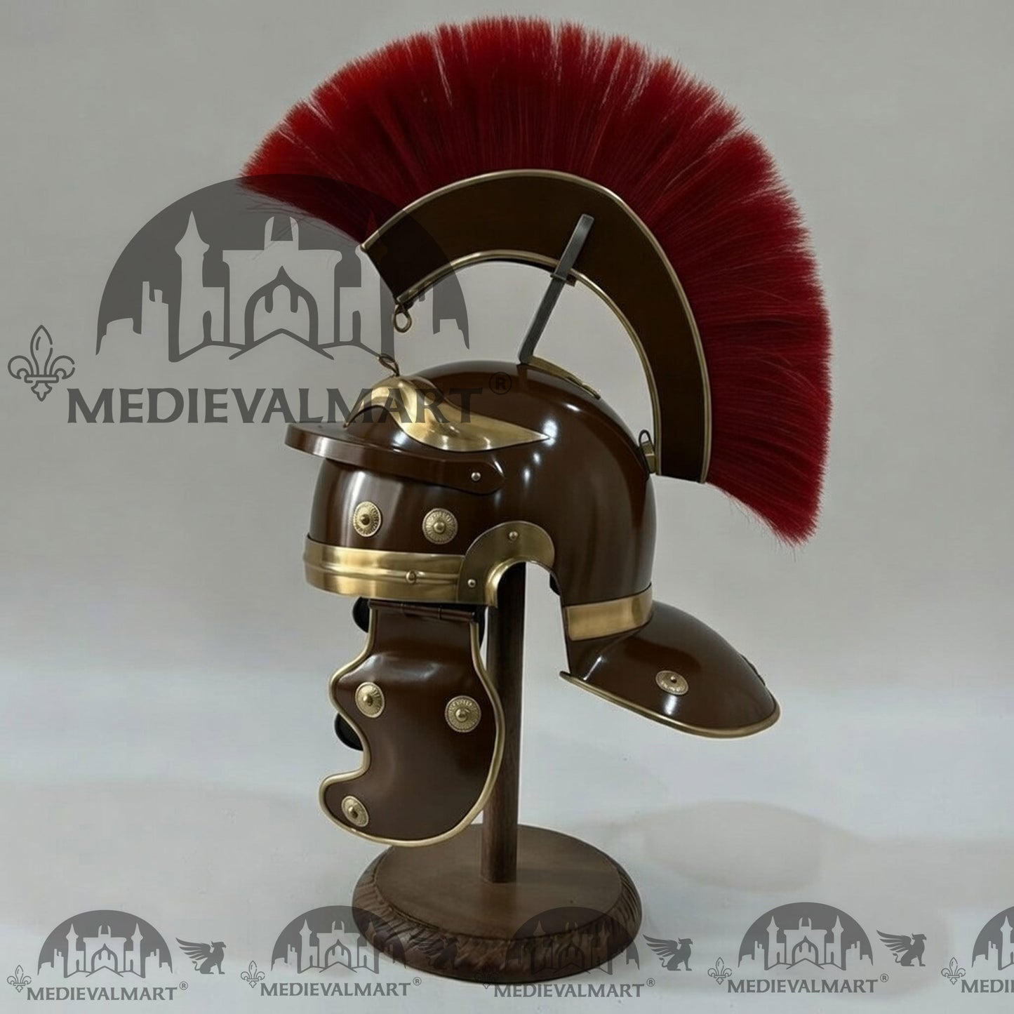 MEDIEVALMART Gallic Roman Centurion Brown Finish Helmet Replica Red Plume with Free Stand