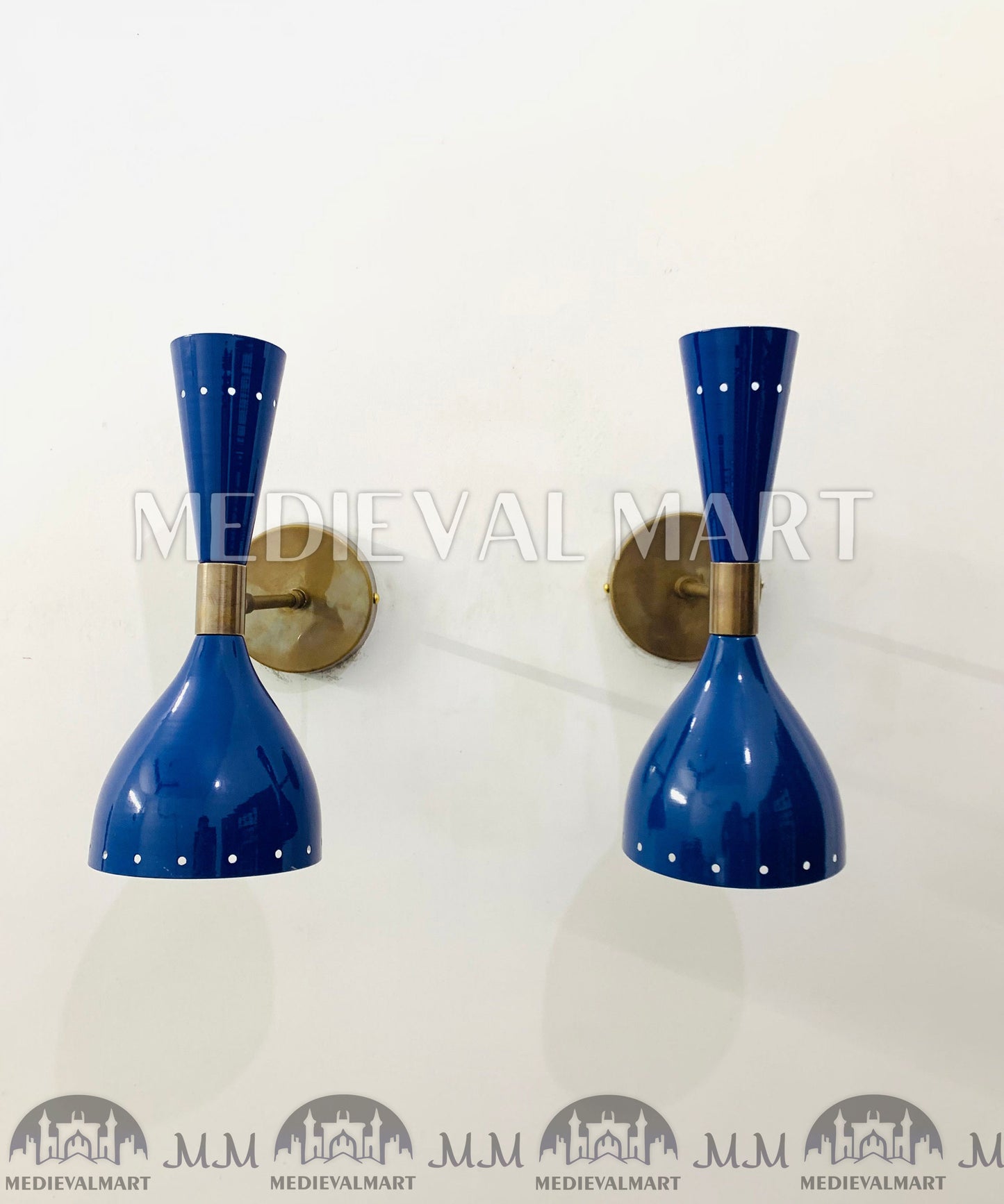 MEDIEVALMART Italian Brass Wall Sconce: Mid Century Modern Shiny Blue Light Fixture