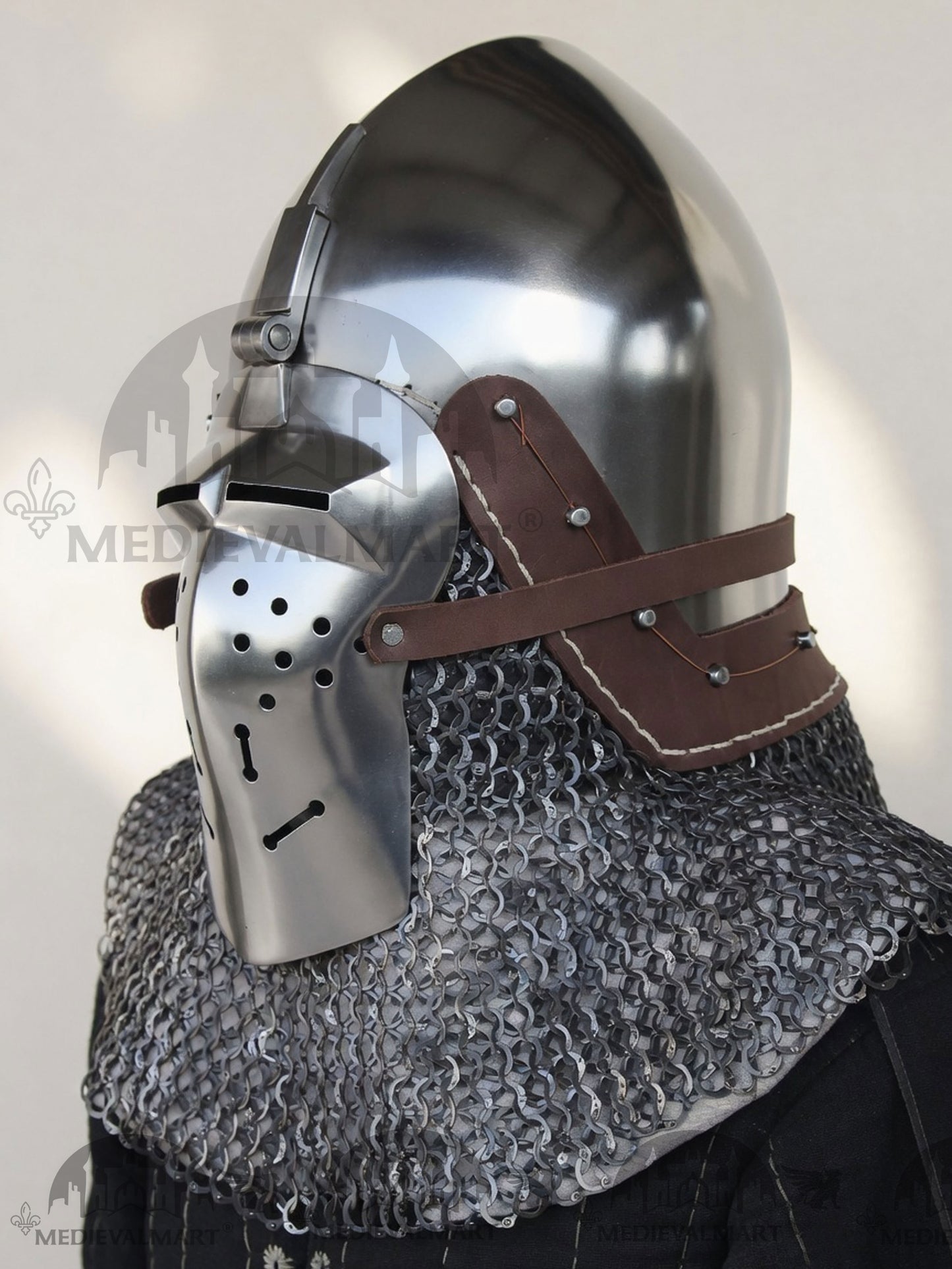 MEDIEVALMART Medieval Klappvisier Bascinet Helmet with Hinged Visor & Chainmail Aventail, Best for Reenactment