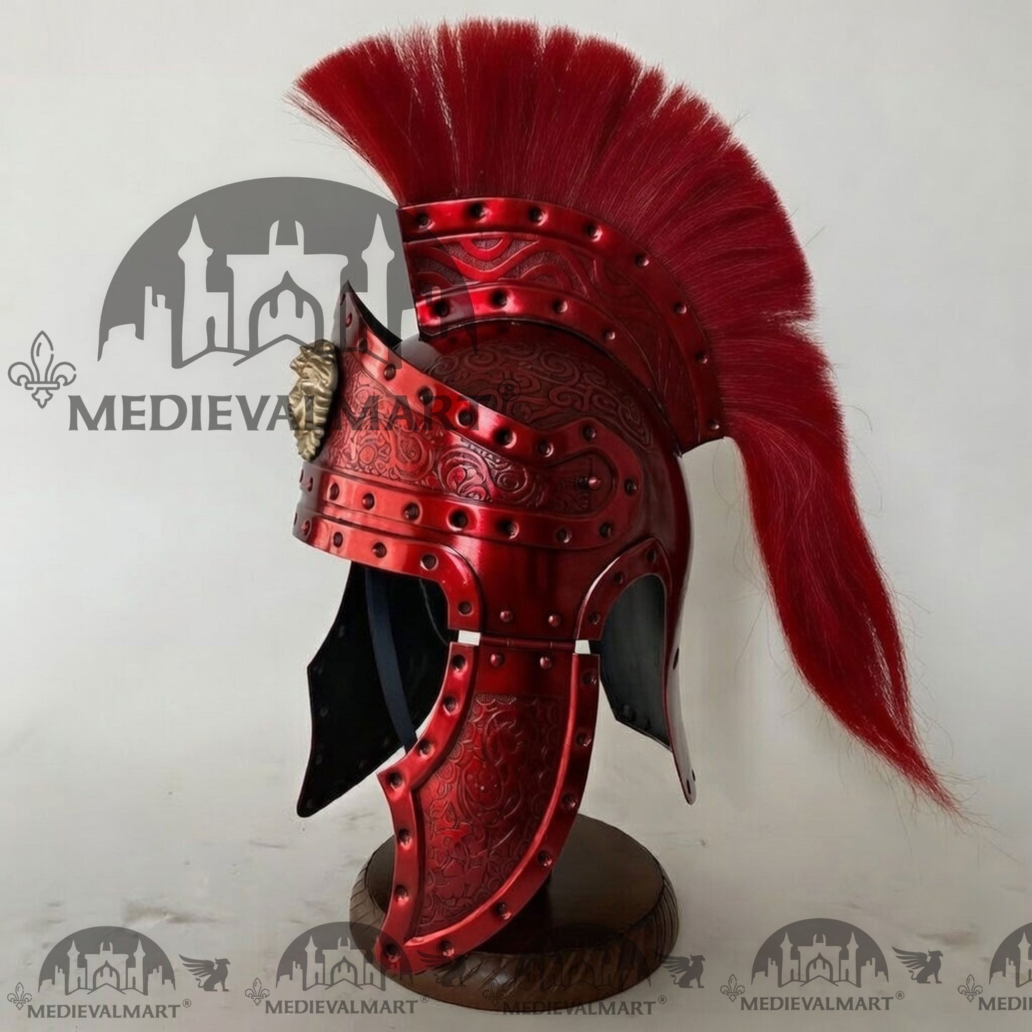 MEDIEVALMART Medieval Roman Centurion Red Finish Helmet with Red Plume or Free Wooden Stand