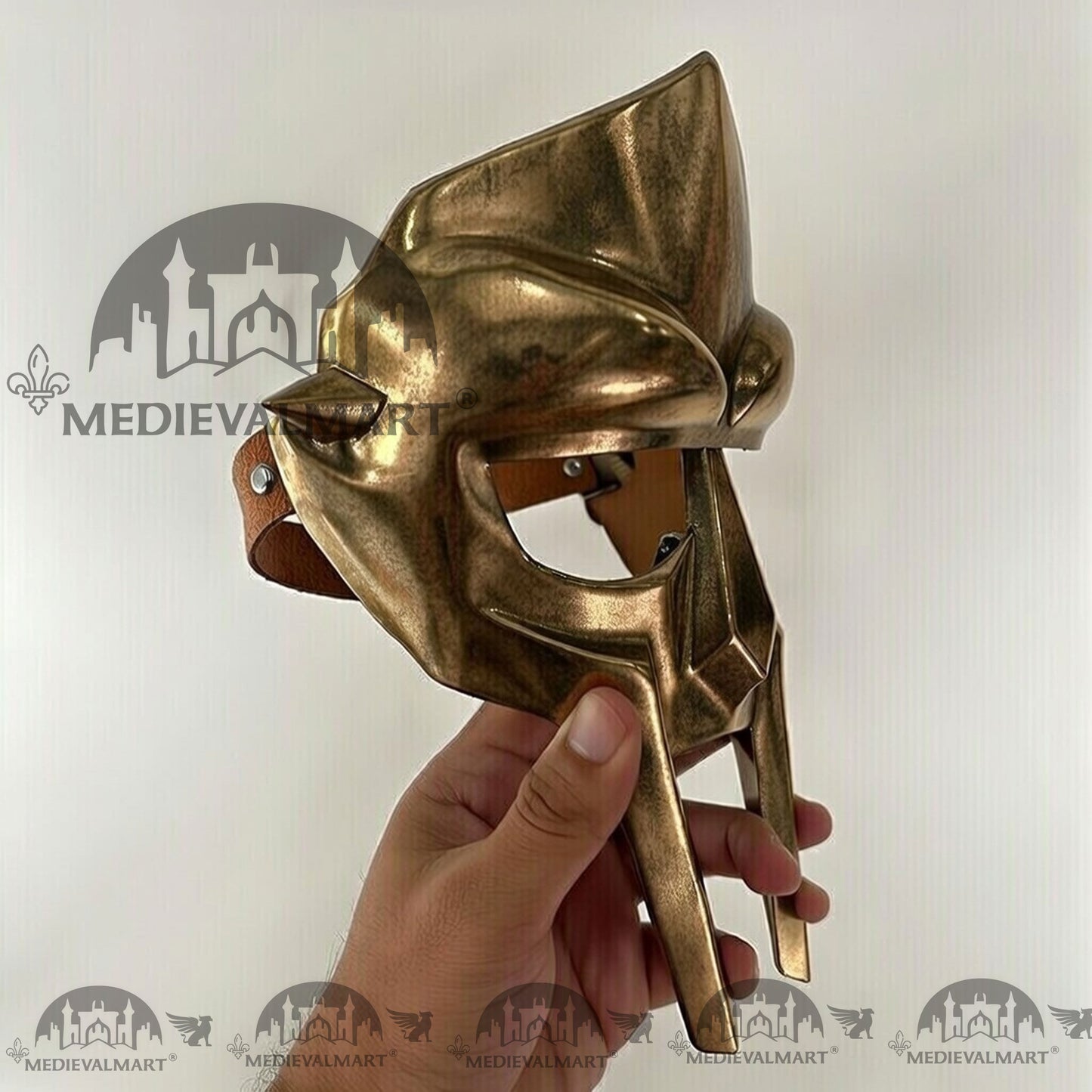MEDIEVALMART MF DOOM Mask Mad-villain Antique Gold Finish Steel Face Armor