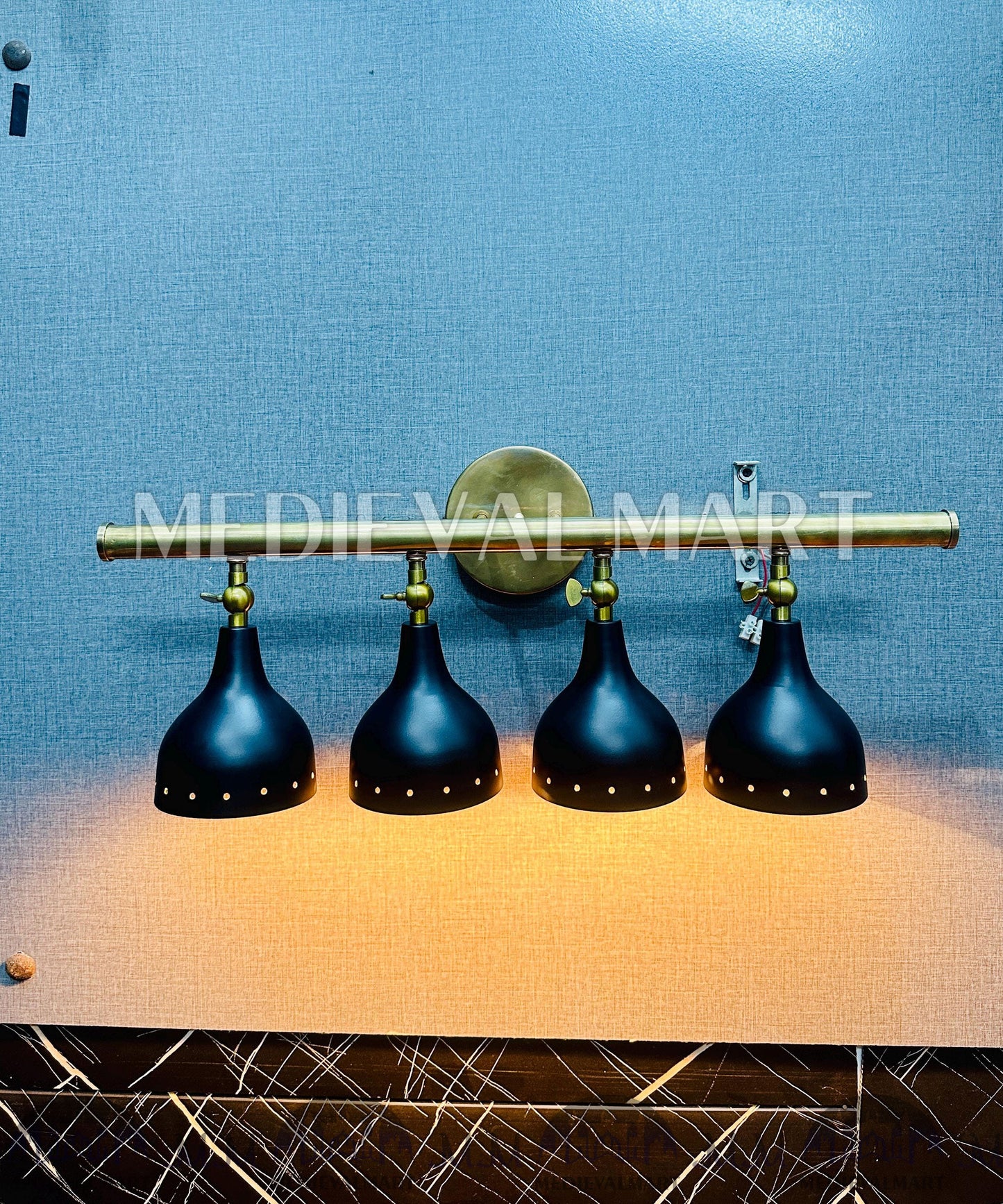 MEDIEVALMART 1950s Modern Custom Brass 4-Light Wall Sconce: Mid-Century Modern Vanity Light