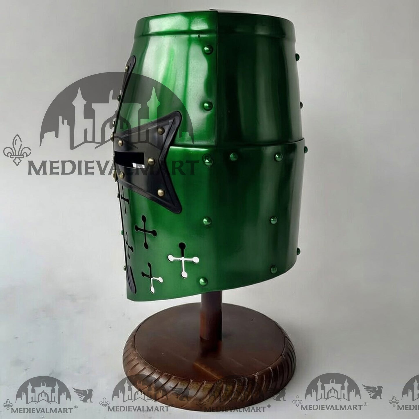 MEDIEVALMART Special Templar Crusader Knight Green Finish Helmet W/H Free Stand