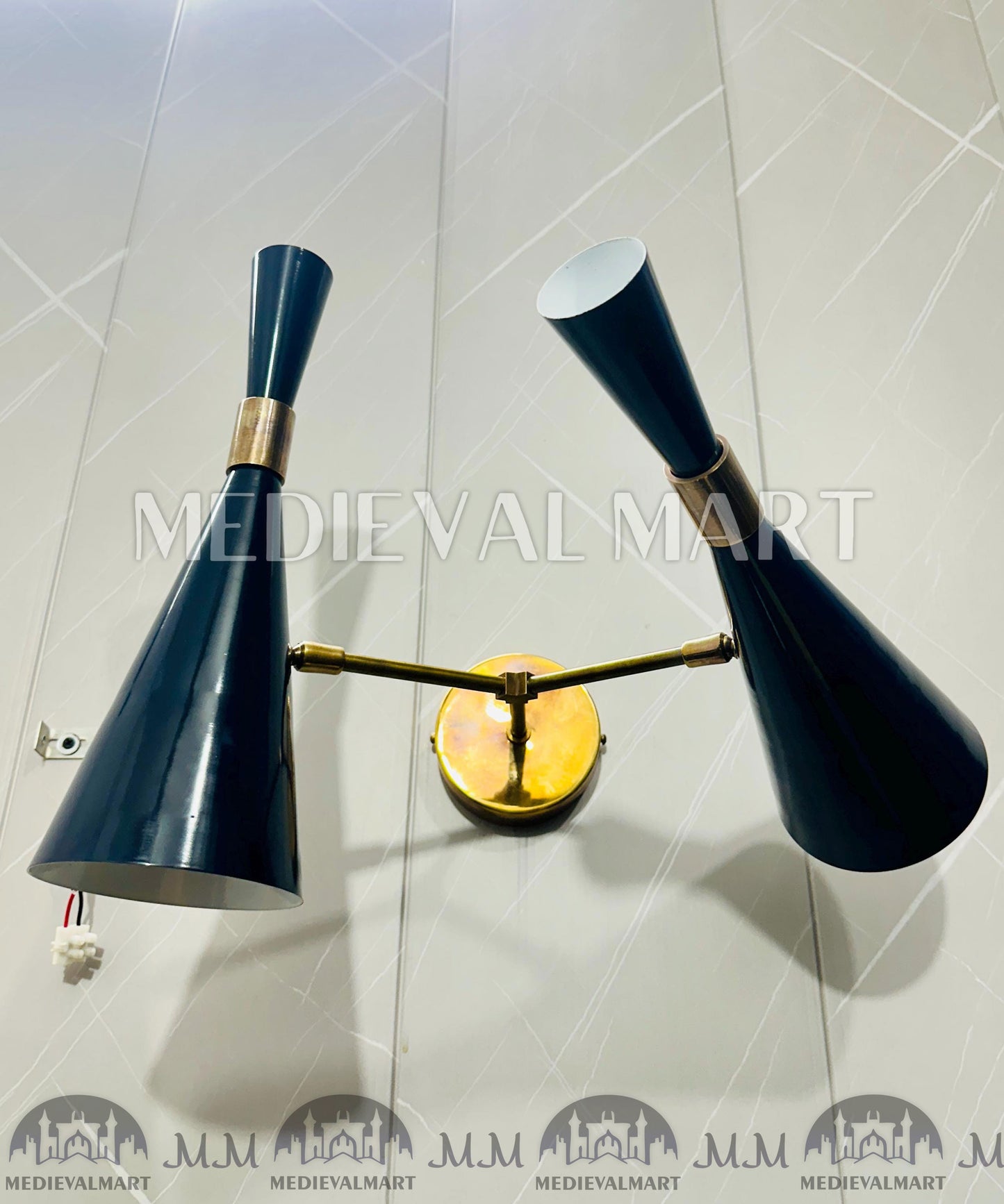 MEDIEVALMART Customized Handcrafted Mid-Century Brass Wall Sconce - Double Arm Shade Light Fixttue.