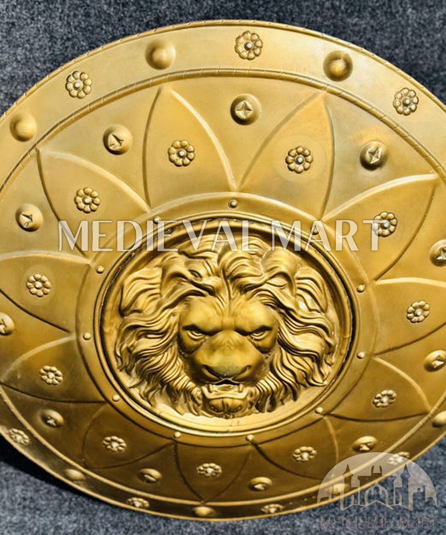 MEDIEVALMART Medieval Lion Face Sparta Shield Full Gold Finish | Gift for Halloween Day