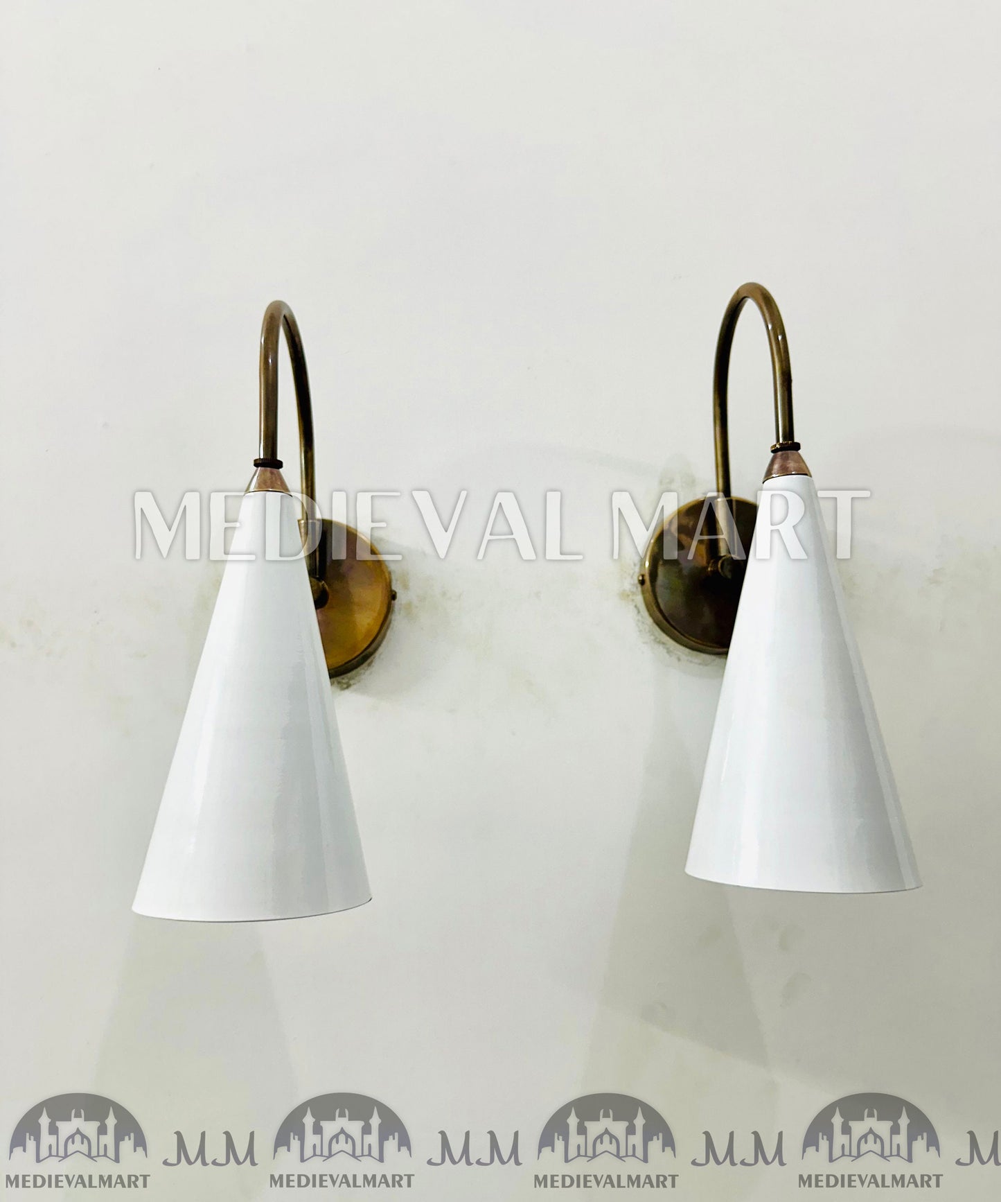 MEDIEVALMART Brass Wall Sconce: Mid Century White Cone Lamp, Adjustable Diabolo Light